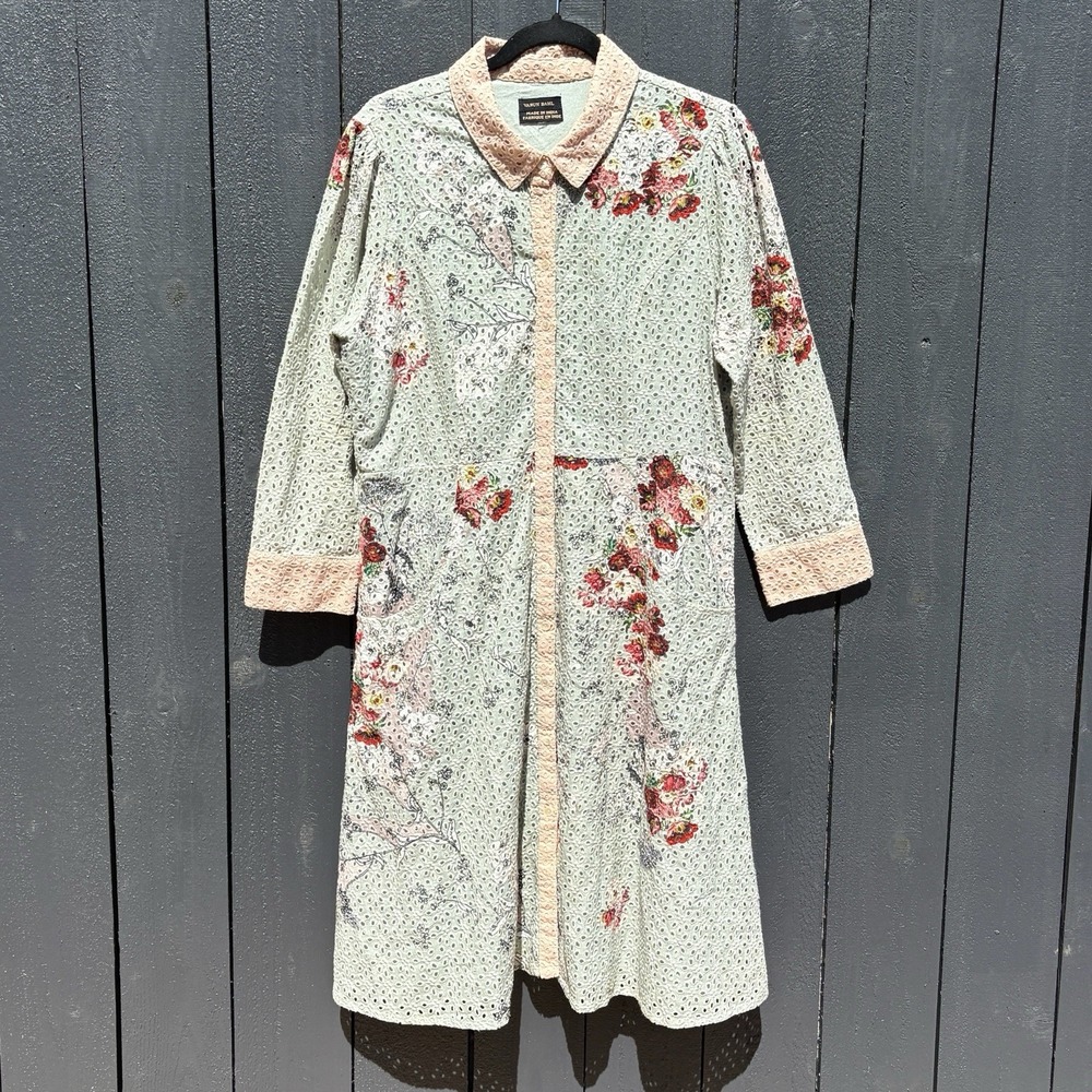 Anthropologie Varun Bahl Bloomed Eyelet Shirt Dress L Boho Cottage Romantic Lace